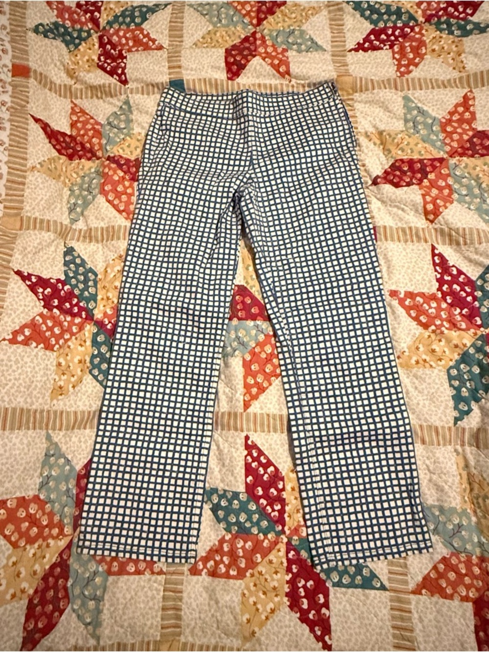 Tory Burch Blue and White Windowpane Print Pants